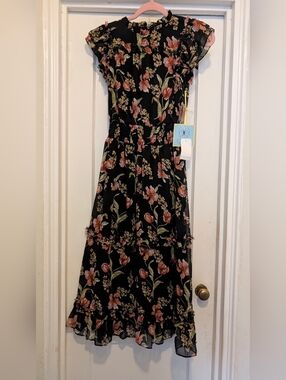 CeCe Black Floral Ruffle Midi Dress with Peach & Green Print